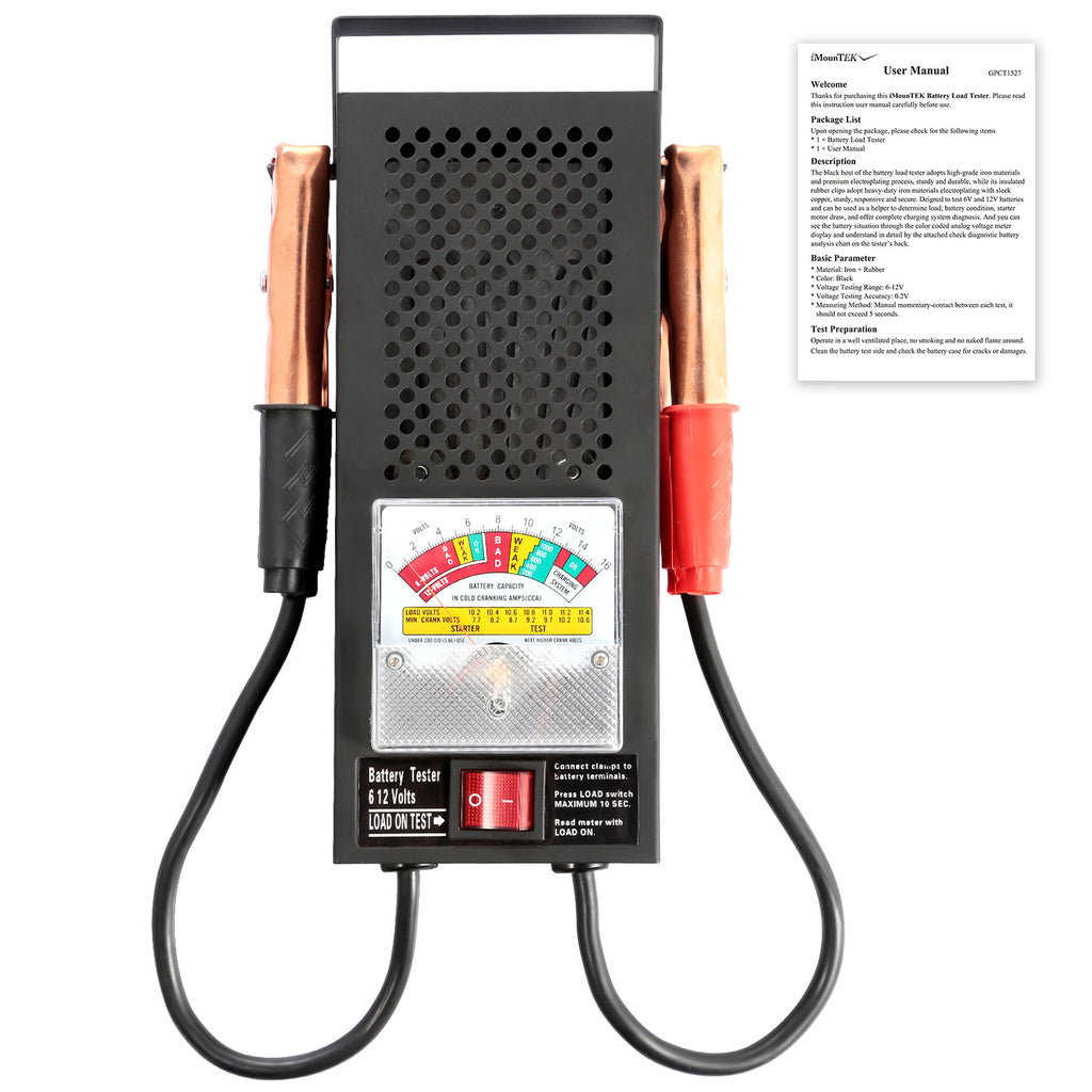 BatteryLoad 12 battery load tester with red and black clamp leads and its manual