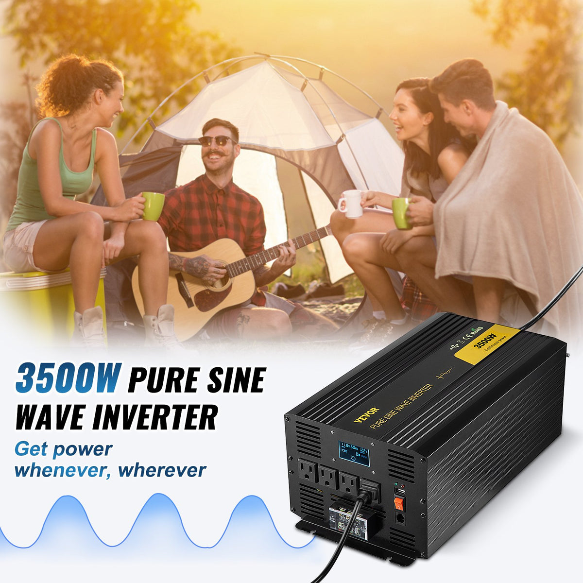 VEVOR 3500W inverter pure sine wave inverter shown in a camping setting