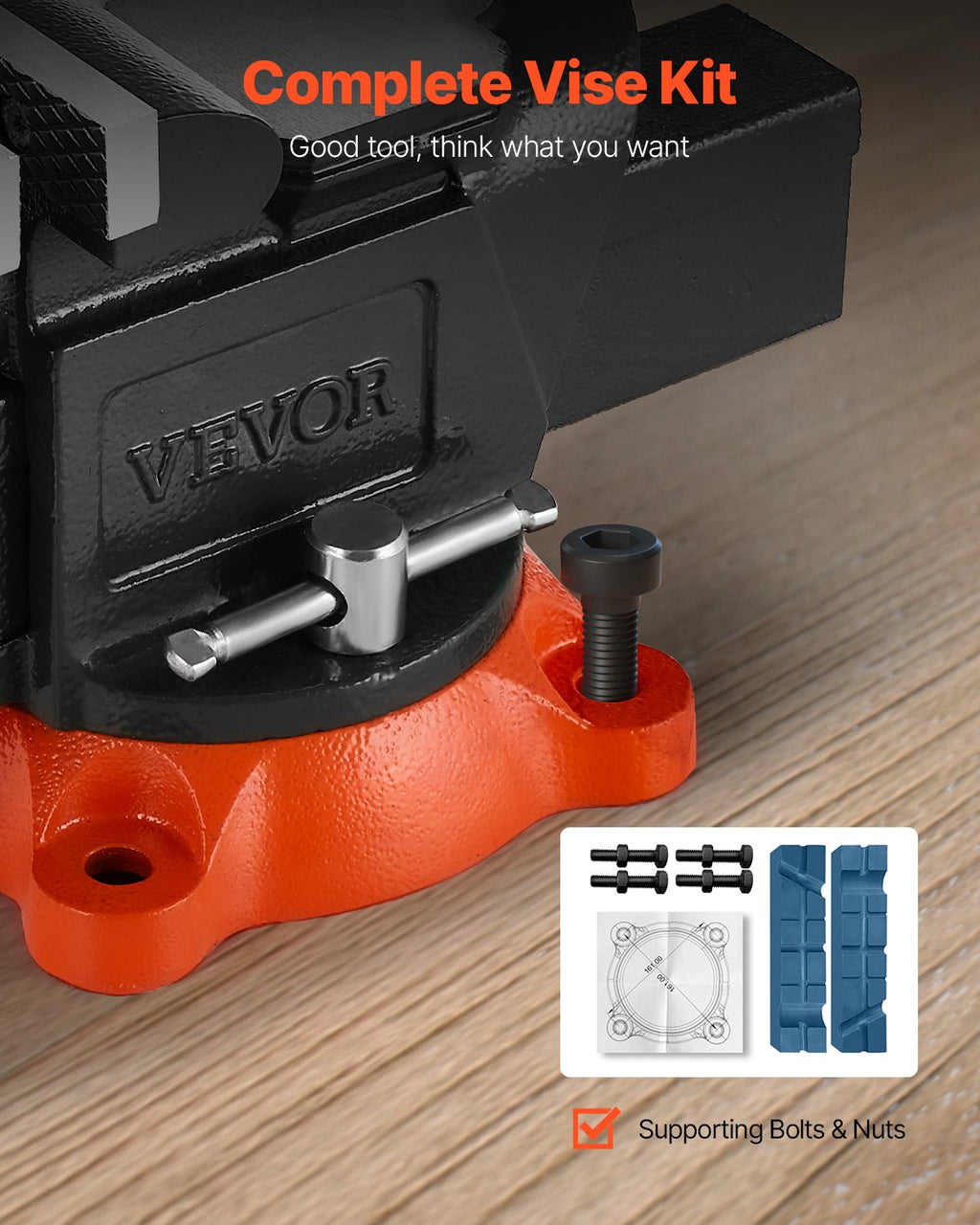 Complete bench vise kit with mounting bolts and swivel base