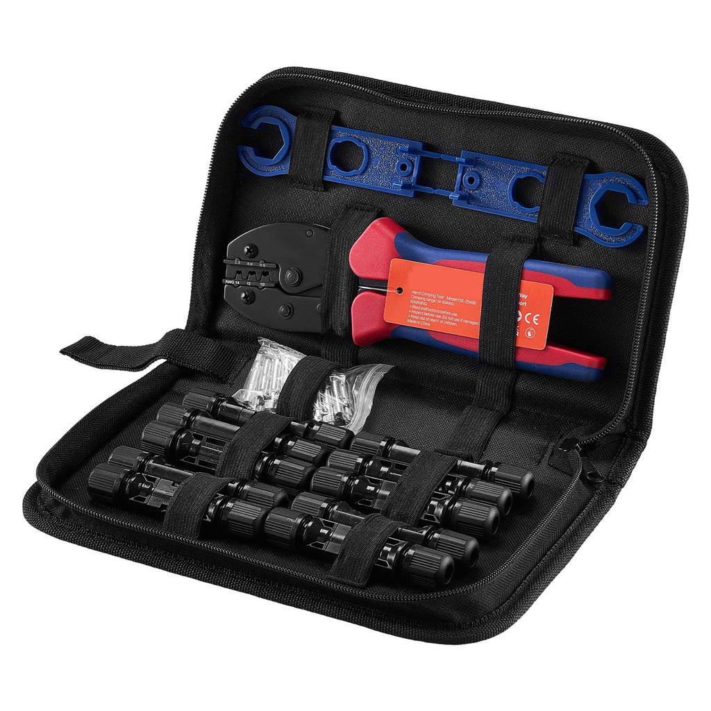 VEVOR solar crimping kit kit laid out in its zip storage case with connectors and tools
