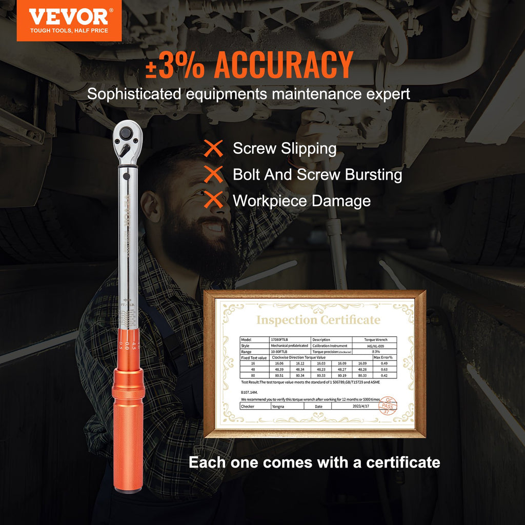 VEVOR 3/8-inch torque wrench accuracy of plus or minus 3 percent, supplied with a certificate
