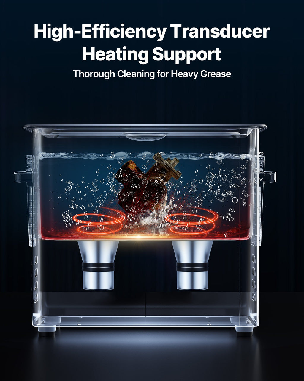 Ultrasonic transducer heating support illustrated inside the cleaning tank