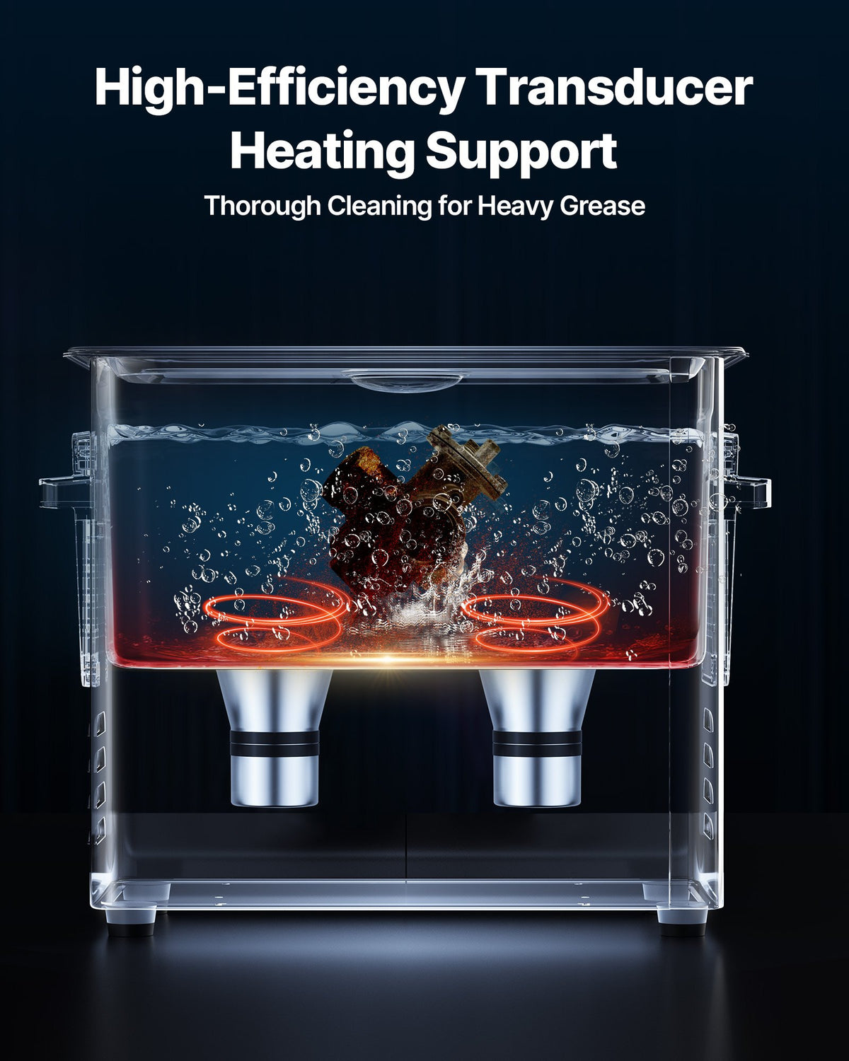 Ultrasonic transducer heating support illustrated inside the cleaning tank
