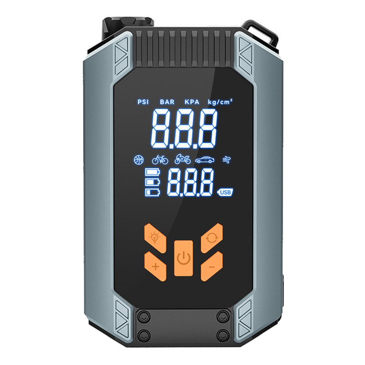FieldAir tire inflator upright with carry loop and integrated LED work light