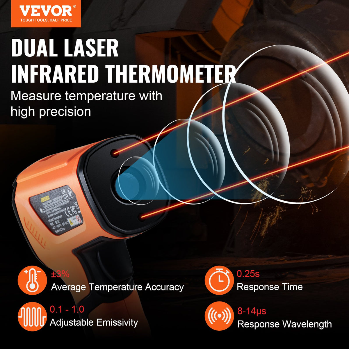 Dual-laser targeting explained, with accuracy, response time and emissivity icons