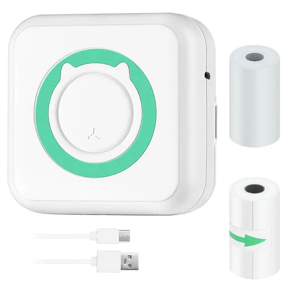 PocketLabel white thermal printer with a paper roll and USB charging cable