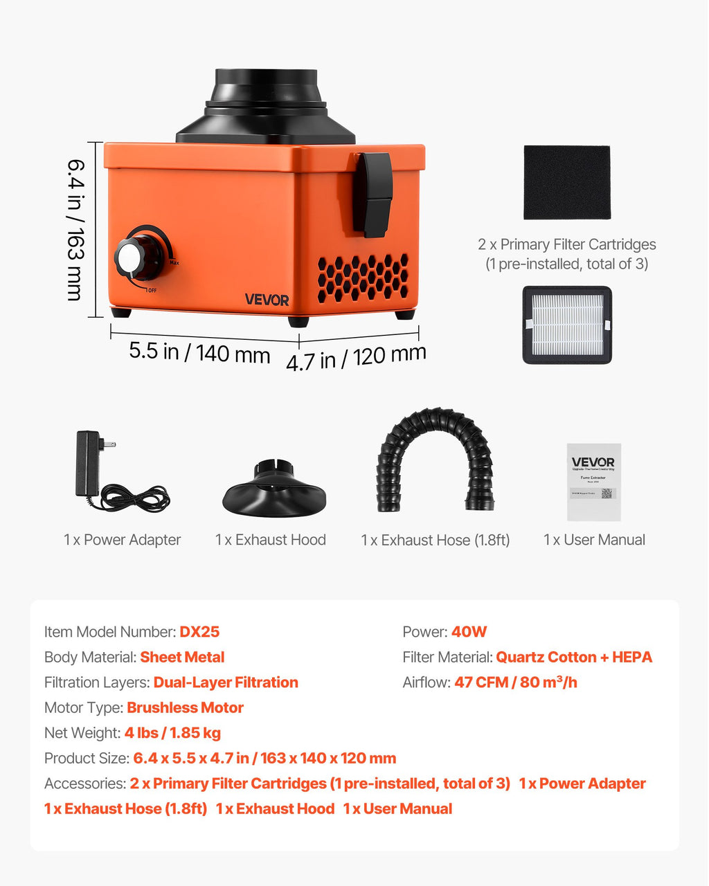VEVOR 40W solder fume extractor with dimensions, filters and accessories laid out