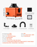 VEVOR 40W solder fume extractor with dimensions, filters and accessories laid out