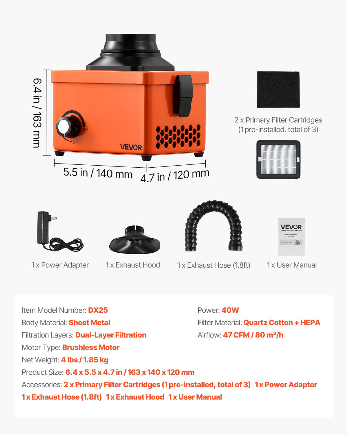 VEVOR 40W solder fume extractor with dimensions, filters and accessories laid out