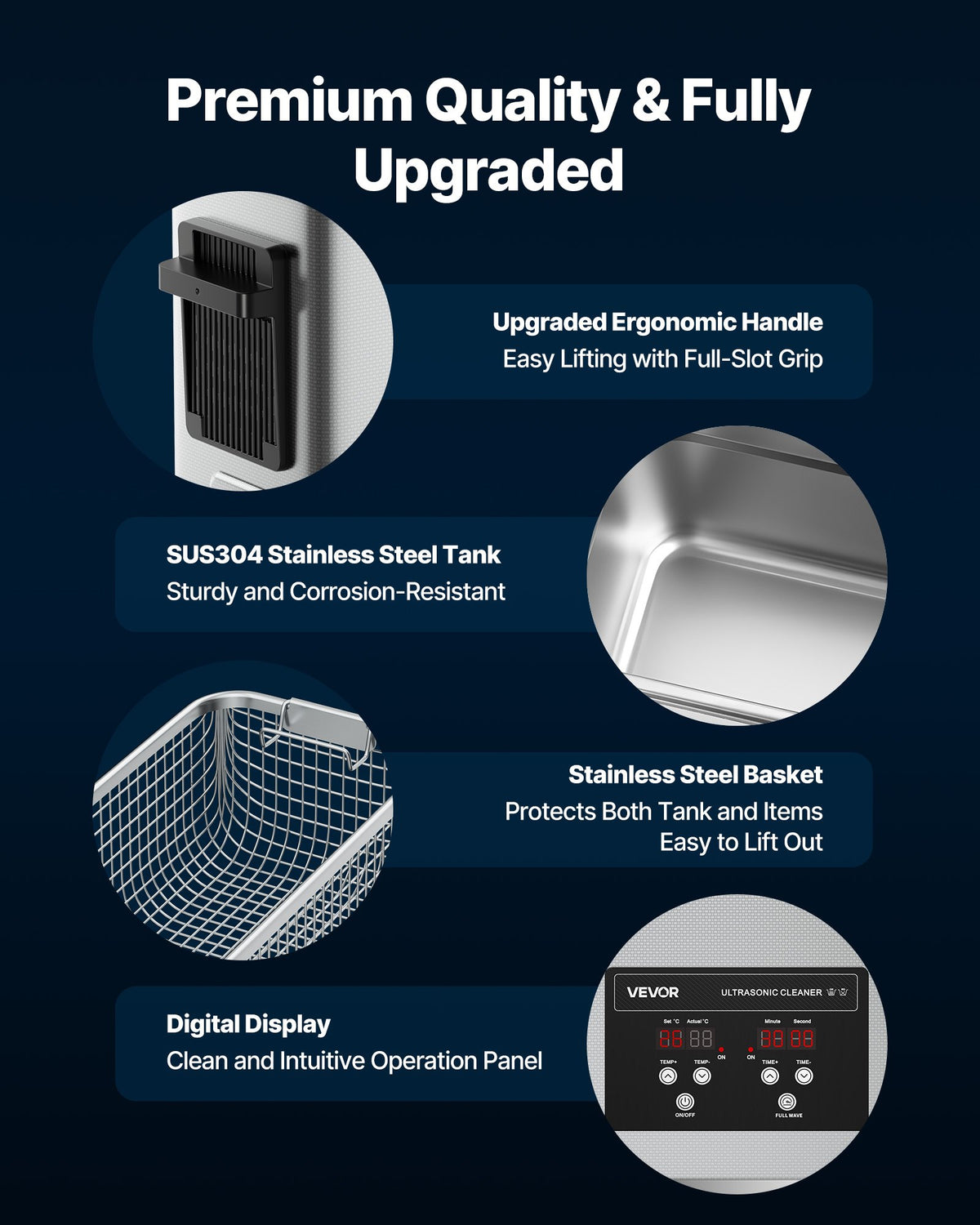 VEVOR 6L ultrasonic cleaner features: stainless tank, cleaning basket and digital panel