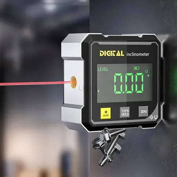 AngleSet gauge held on a steel surface by its magnetic base with the laser line on