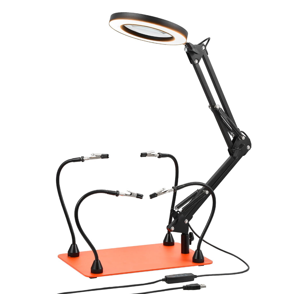 VEVOR helping hands station LED ring light lit above the workspace
