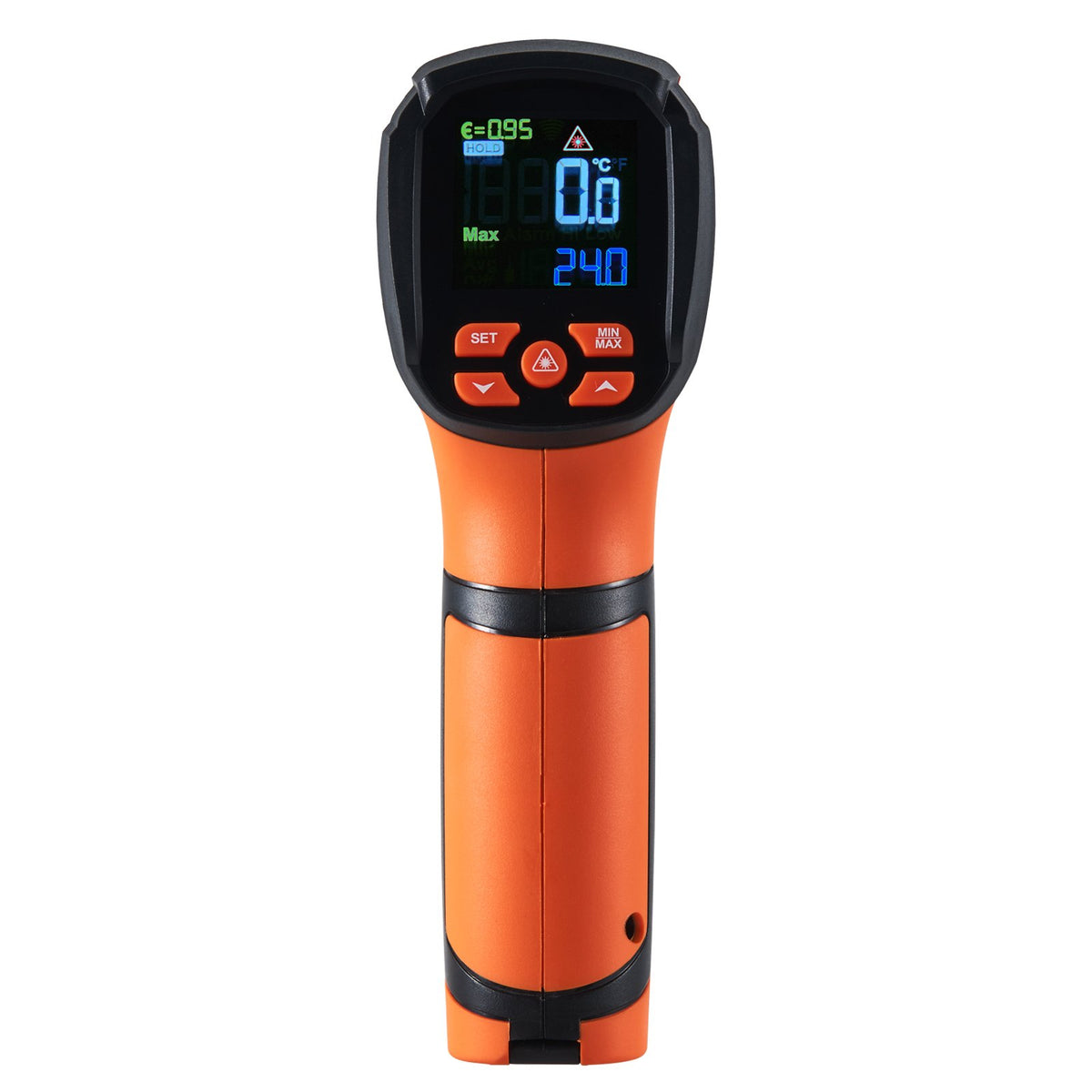VEVOR dual-laser infrared thermometer, orange and black gun body with backlit display