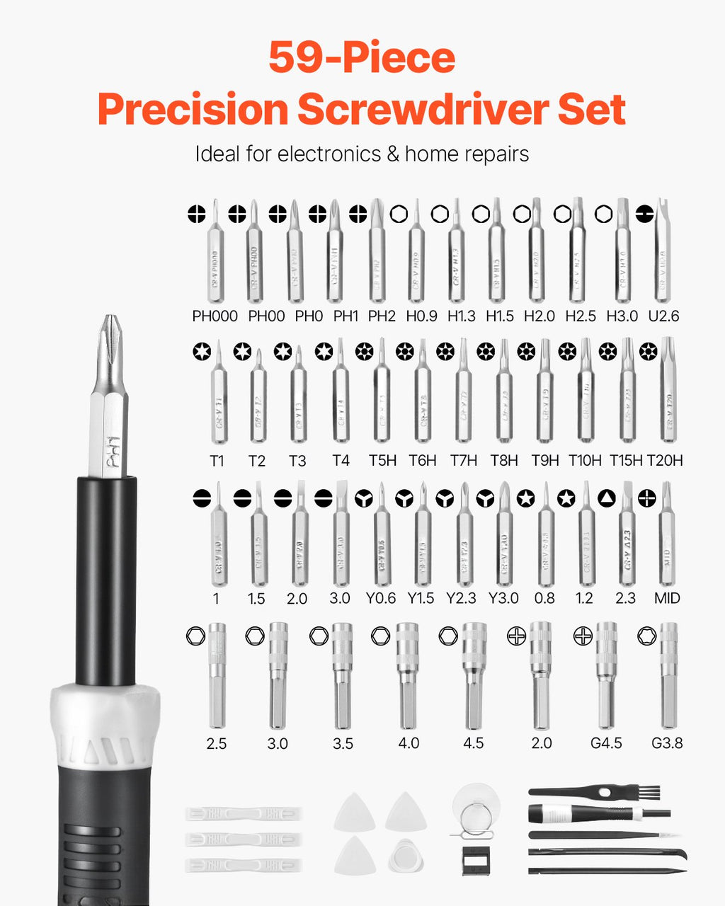 Chart of all 59 VEVOR 59-piece screwdriver set bit sizes: Phillips, Torx, hex, flat and Pentalobe