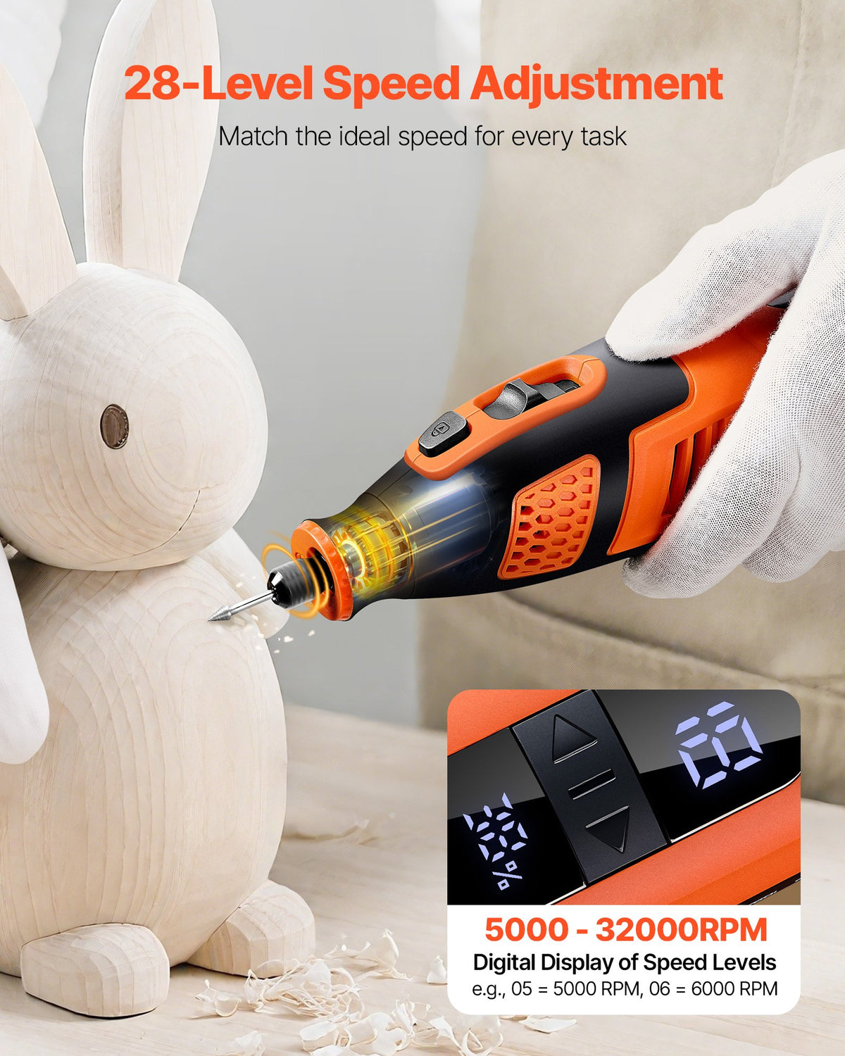 Rotary tool in use with the digital speed display showing the selected level