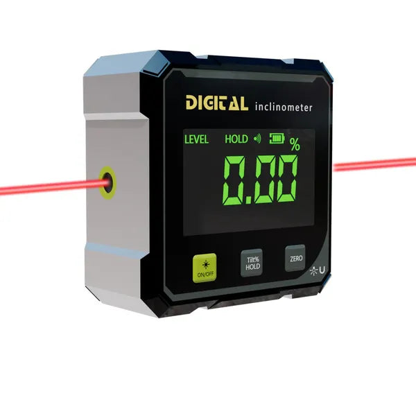 AngleSet digital angle finder with backlit LCD reading 0.00 degrees and a red laser line