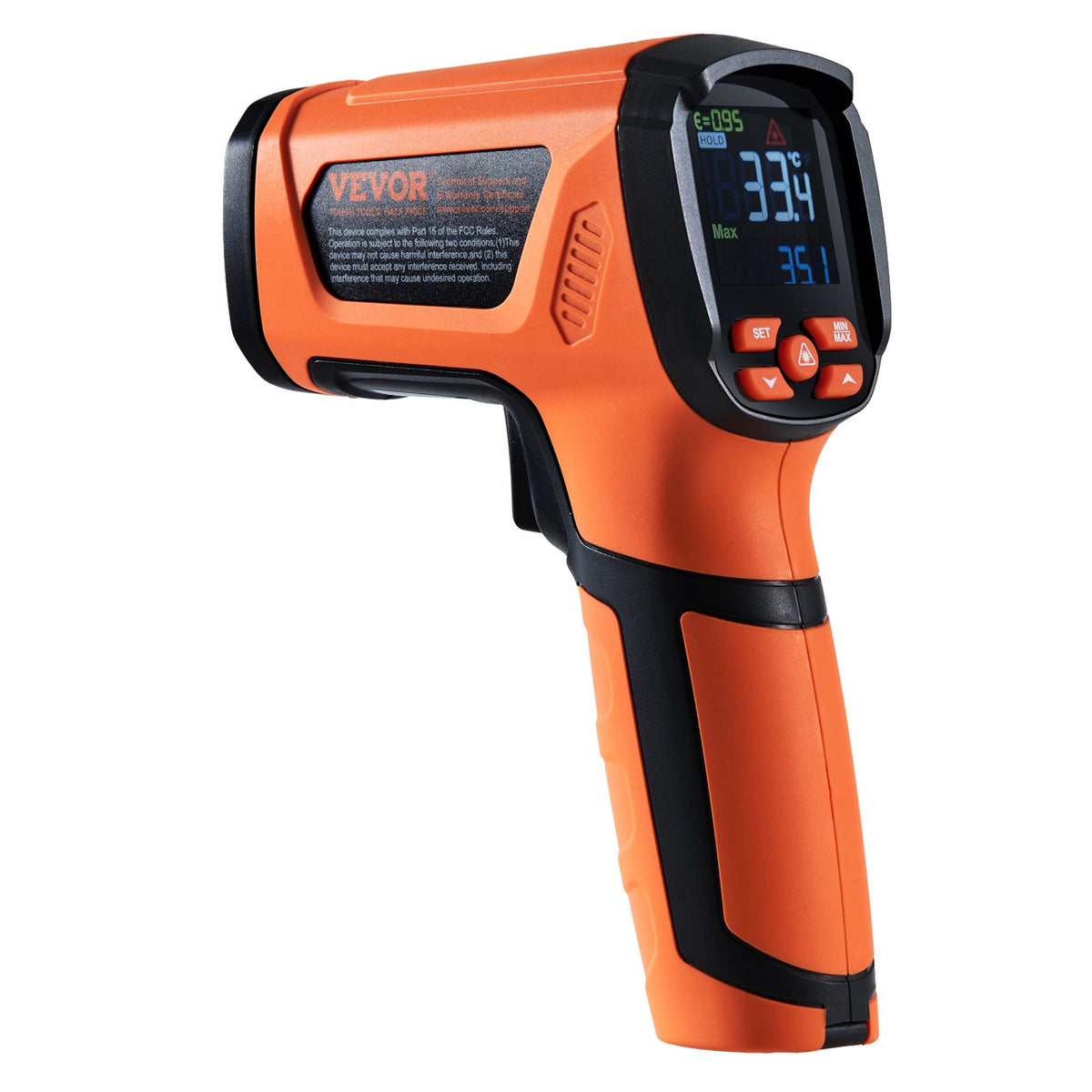 VEVOR temperature gun angled to show the display and control buttons