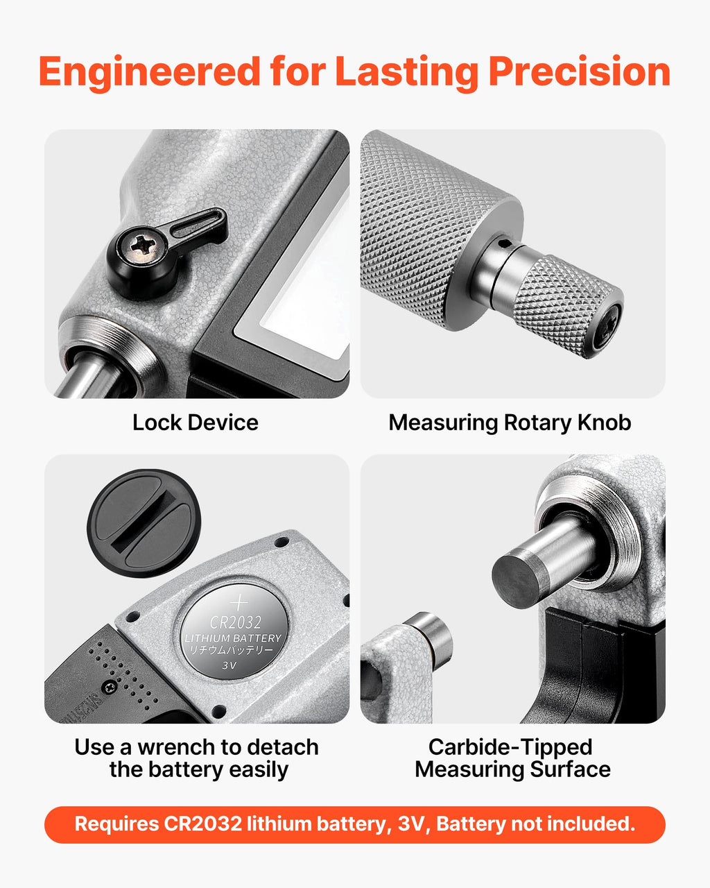 VEVOR digital micrometer lock device, rotary knob, battery cover and carbide-tipped faces