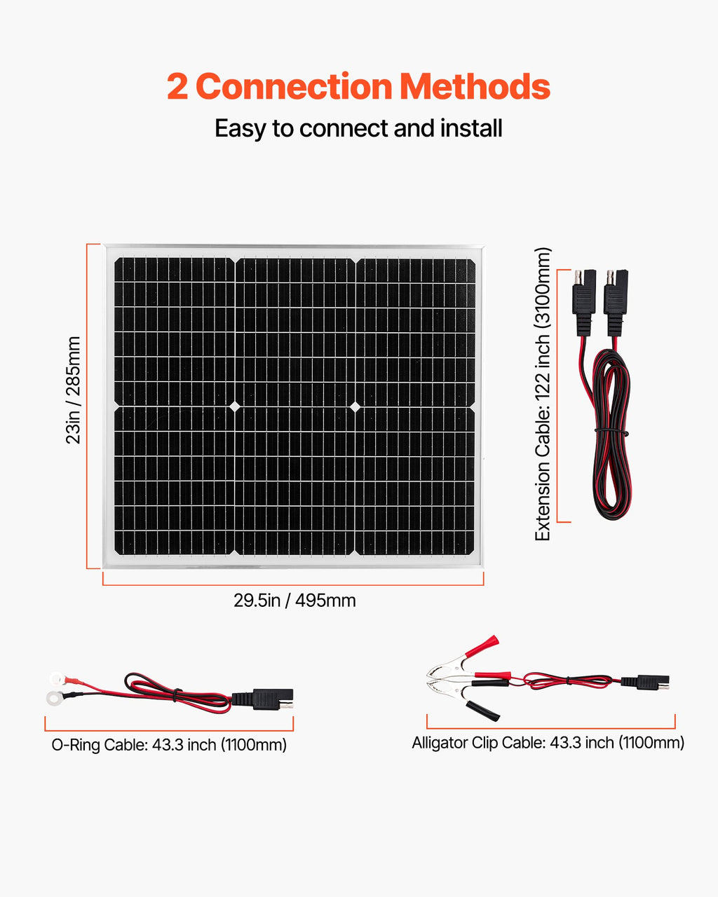 VEVOR 50W MPPT solar charger two connection methods with 43.3-inch O-ring and alligator clip cables