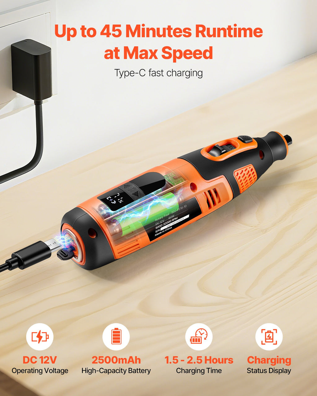 Cordless rotary tool with USB-C fast charging and runtime shown
