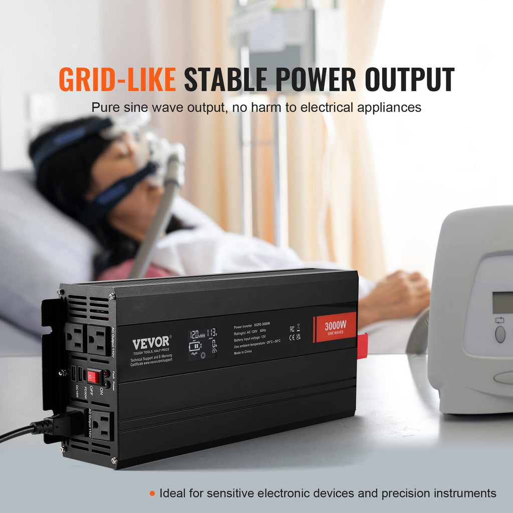 VEVOR 3000W inverter grid-like stable output suited to sensitive electronics