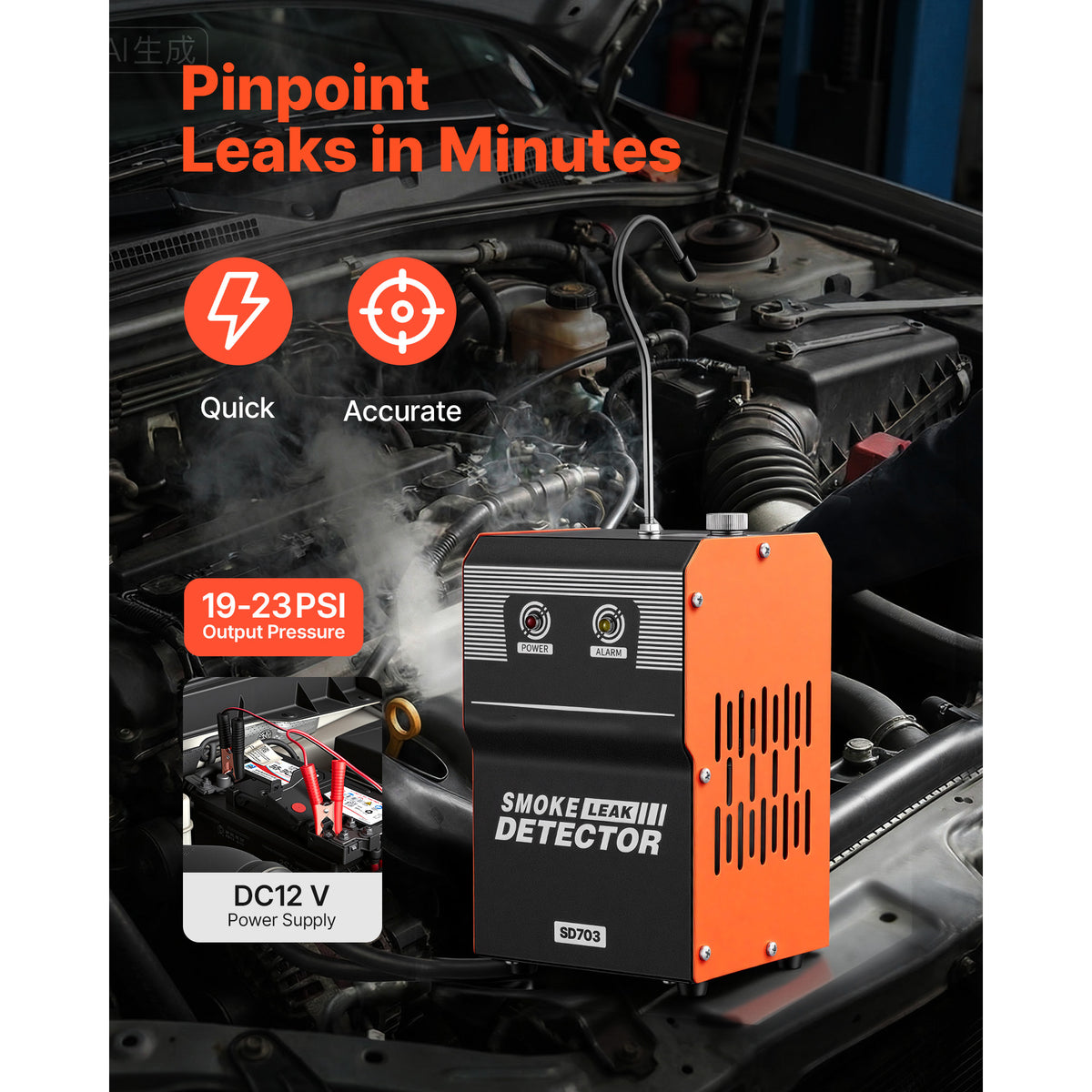 VEVOR EVAP smoke machine pinpointing a leak in an engine bay