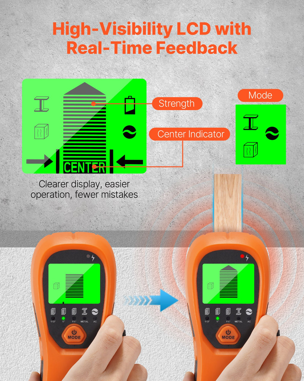 VEVOR wall scanner high-visibility LCD giving real-time stud position feedback