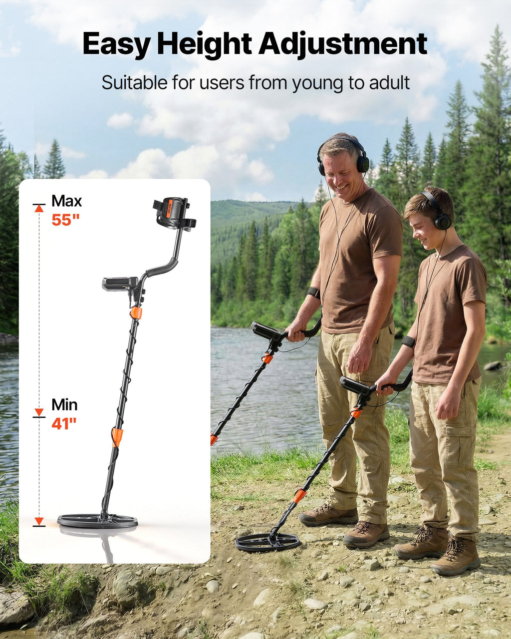 Metal detector shaft height adjustment shown for adult and child users