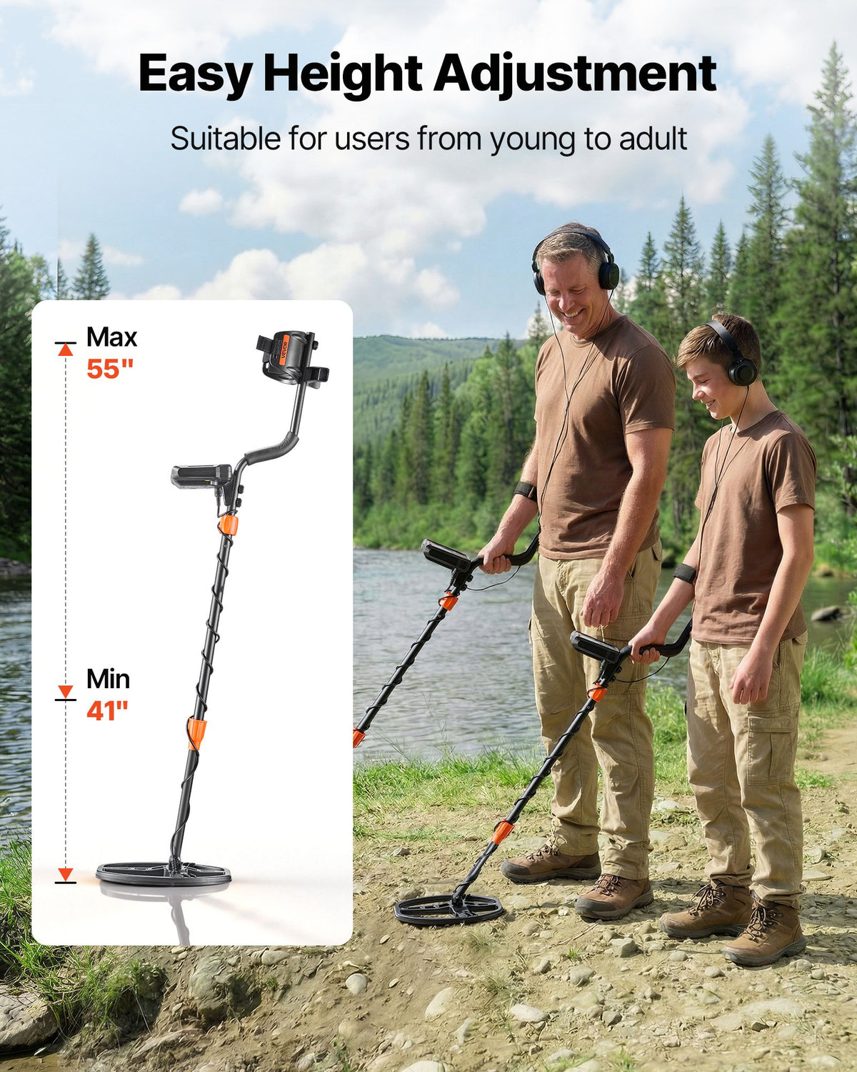 Metal detector shaft height adjustment shown for adult and child users