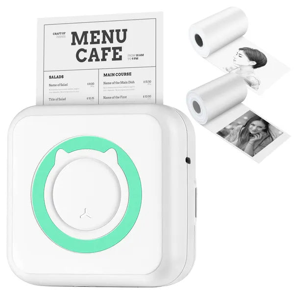 PocketLabel printer with a printed cafe menu receipt and spare paper rolls