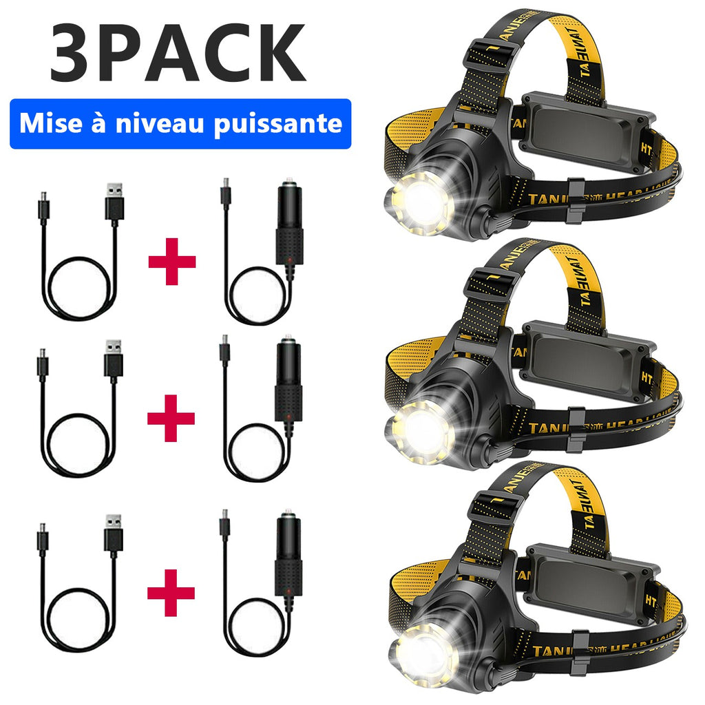 Three TaskBeam 3 headlamps with USB and car charging cables