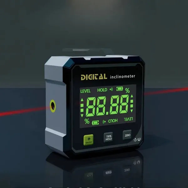 AngleSet angle gauge display showing all segments lit, with the laser line across the face