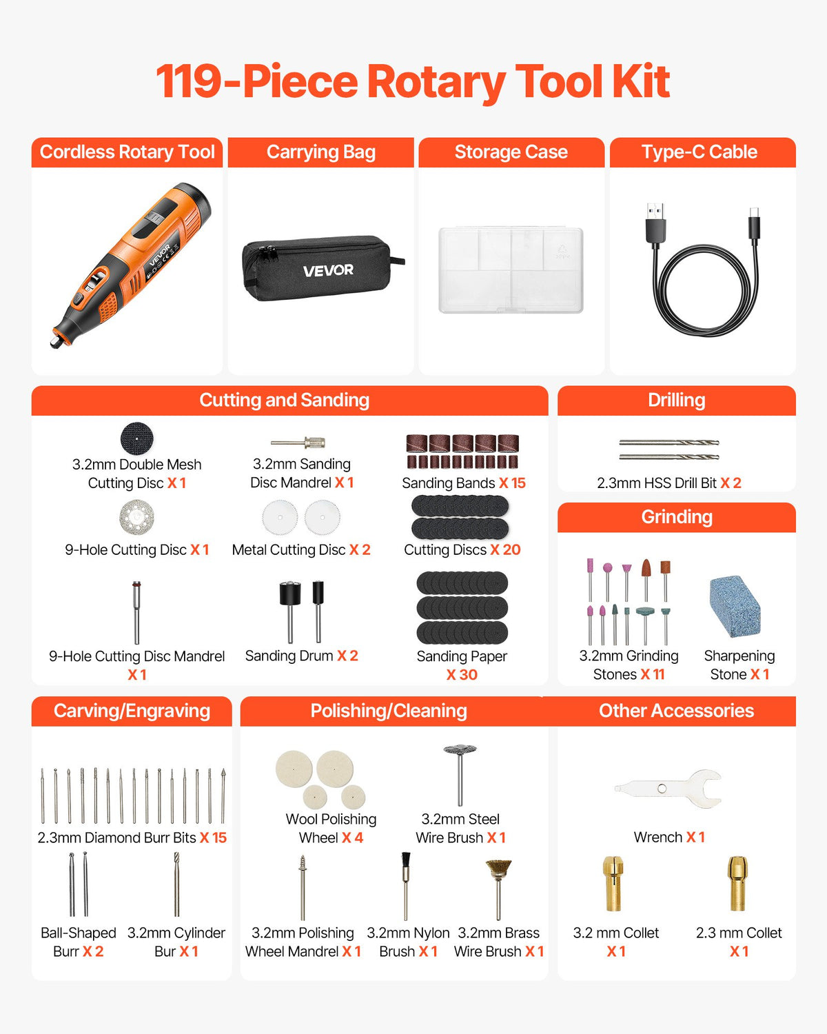 VEVOR 119-piece rotary tool kit contents laid out with cutting, sanding and grinding bits