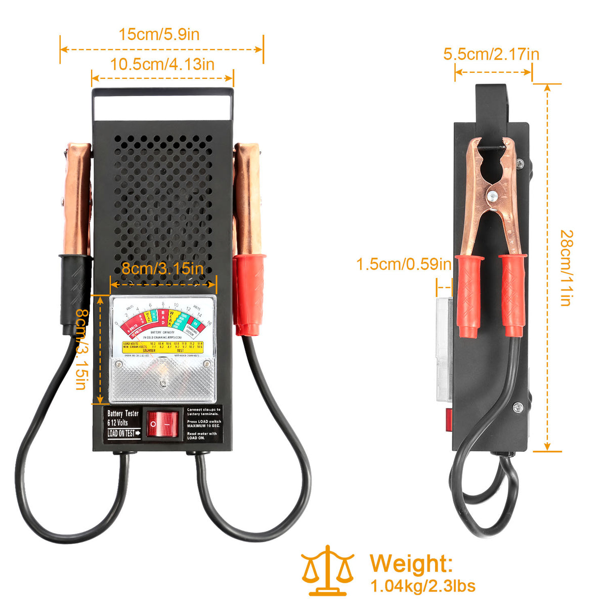 BatteryLoad 12 dimensions, 15 cm by 5.5 cm, weight 1.04 kg