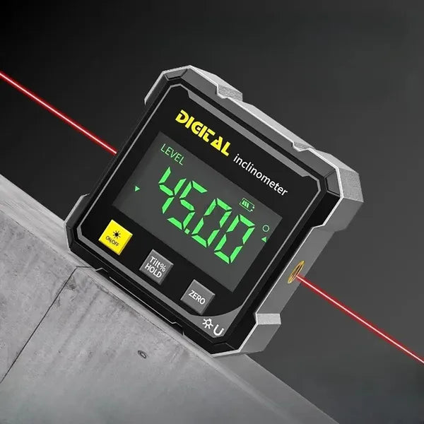 AngleSet inclinometer set on a concrete edge reading 45.00 degrees with its laser projected