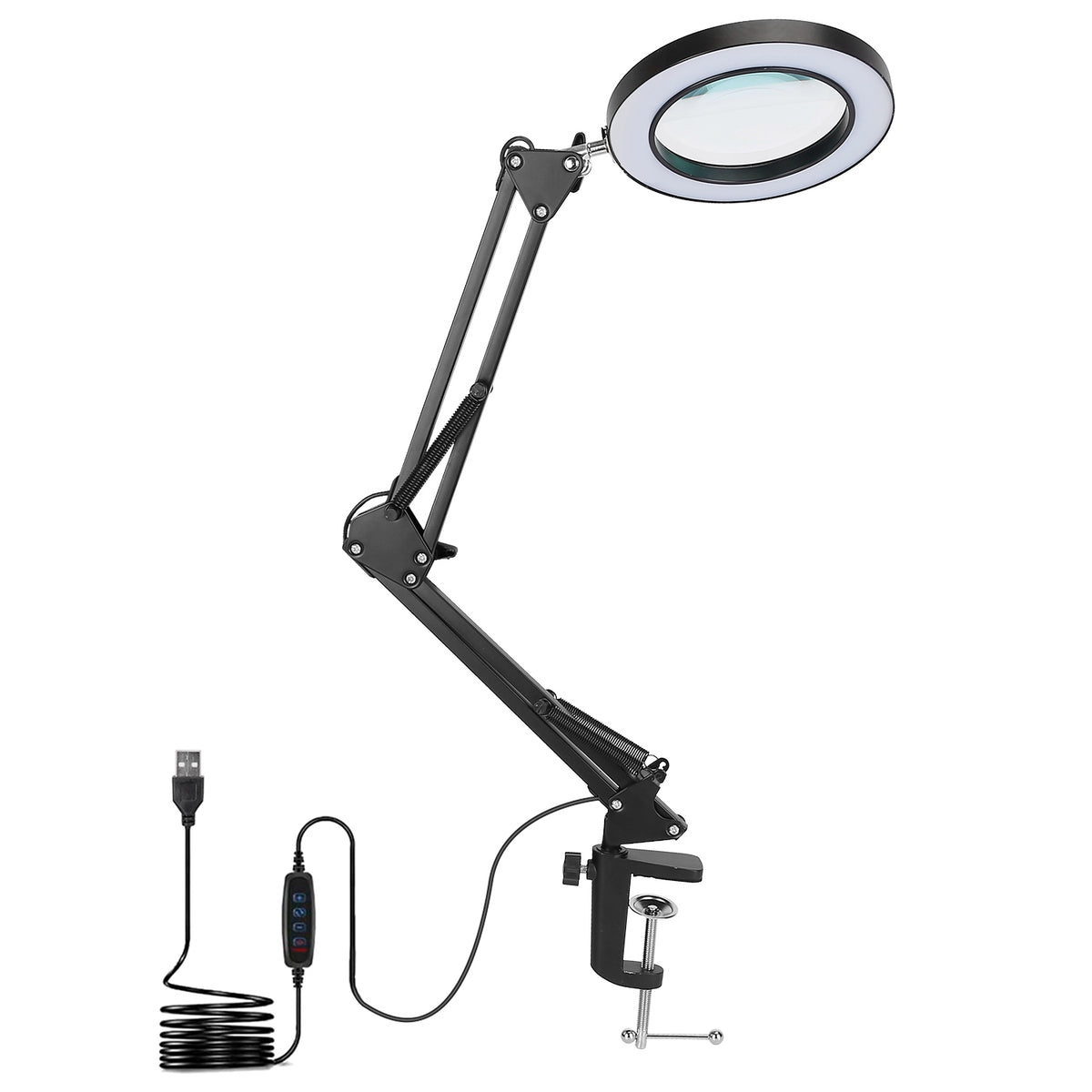 BenchSight 8 magnifier lamp with its inline dimmer control and USB lead
