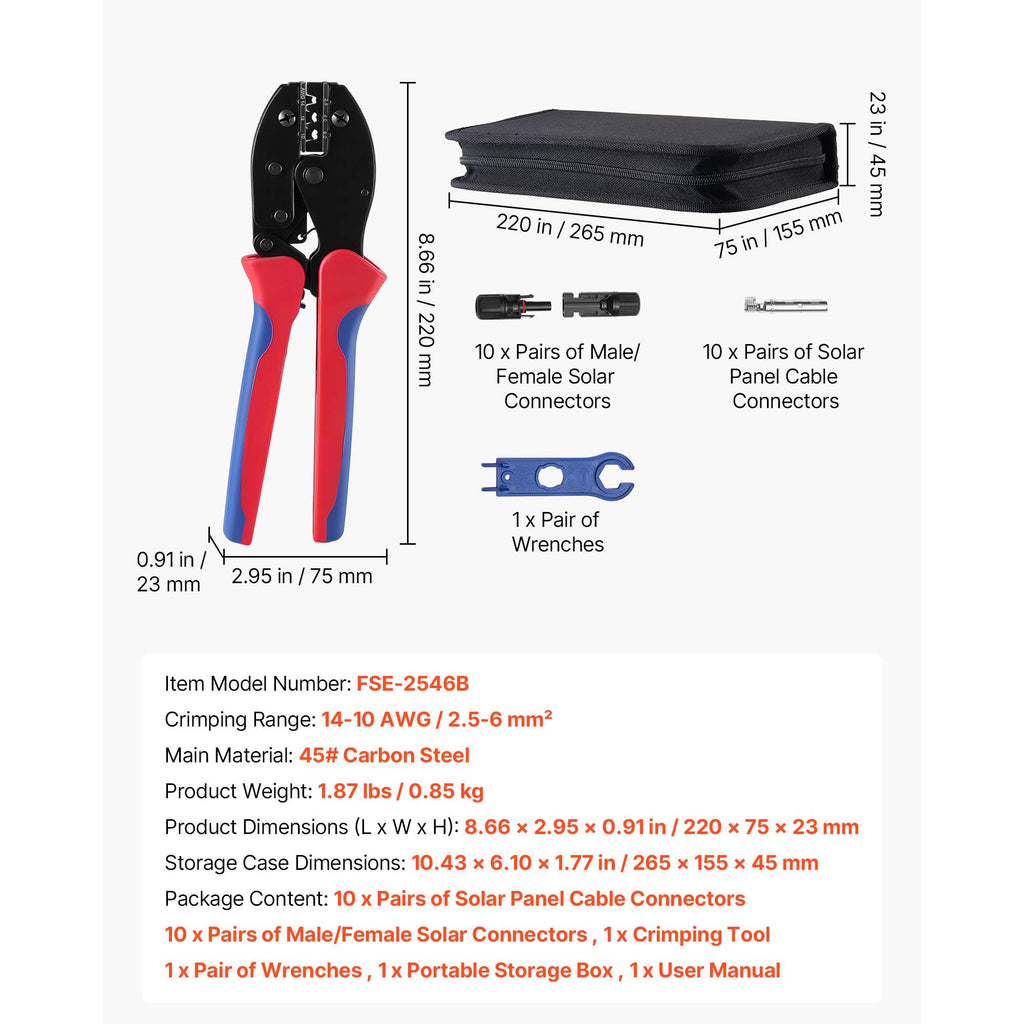 VEVOR solar crimping kit kit contents and dimensions, 10 pairs of connectors plus wrenches