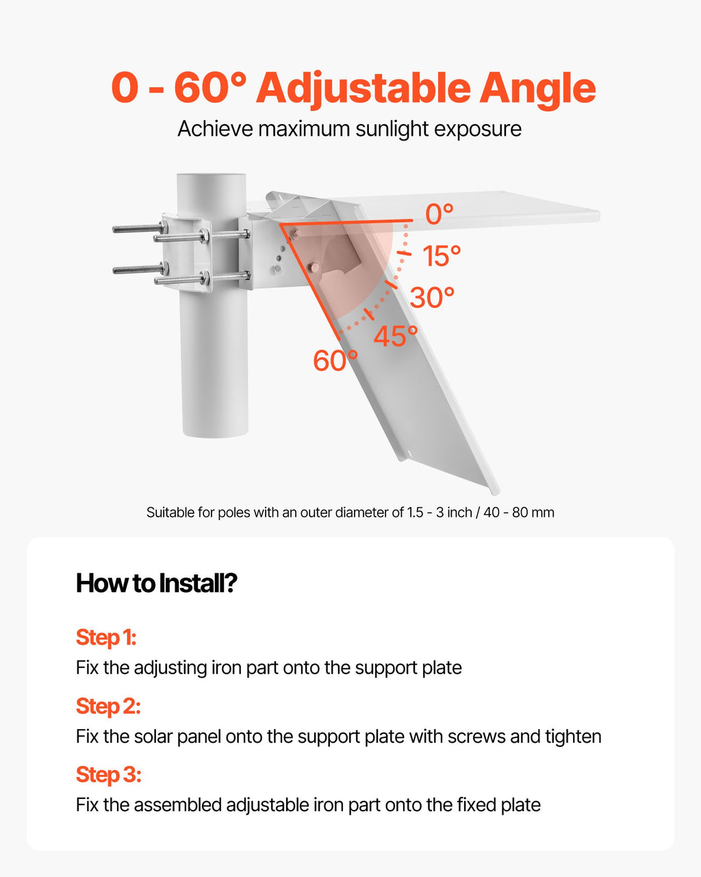 VEVOR 20W solar maintainer mounting bracket adjustable from 0 to 60 degrees for sun angle