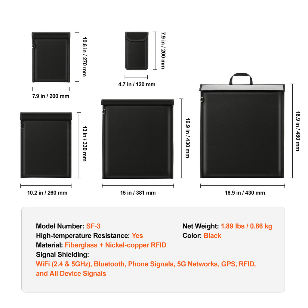 VEVOR Faraday pouch set specification card listing WiFi, Bluetooth, 5G, GPS and RFID blocking