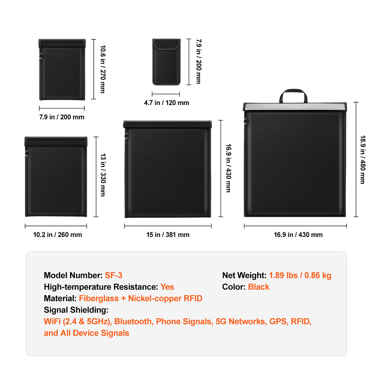 VEVOR Faraday pouch set specification card listing WiFi, Bluetooth, 5G, GPS and RFID blocking