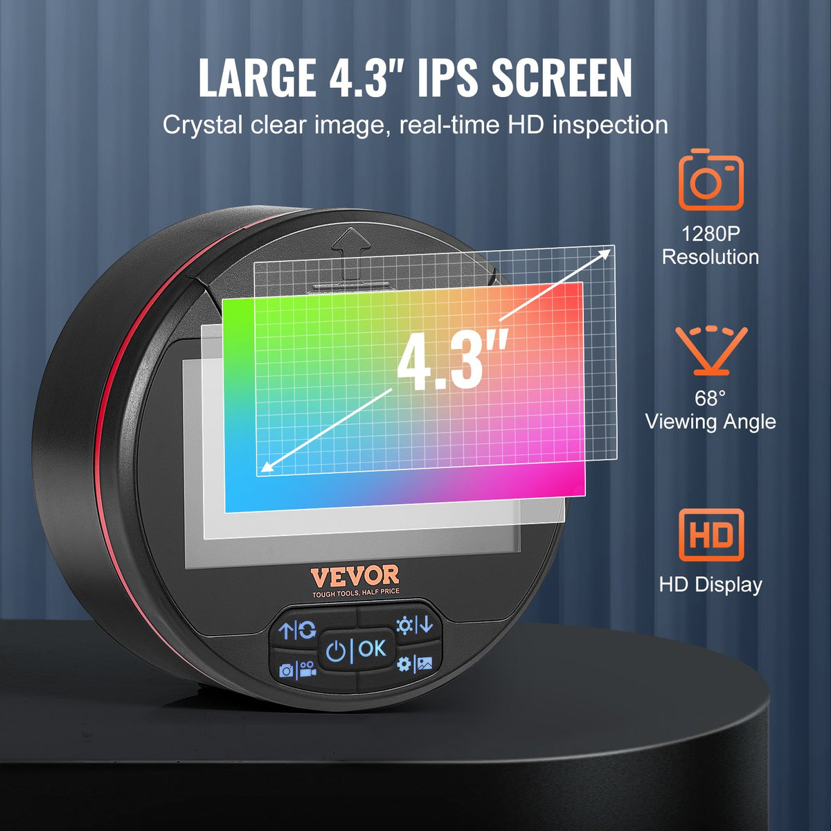 VEVOR triple-lens borescope 4.3-inch IPS screen with built-in inspection lights