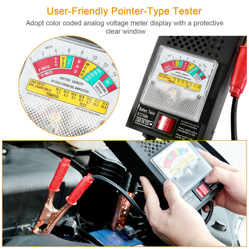 BatteryLoad 12 colour-coded analog pointer meter behind a protective clear window