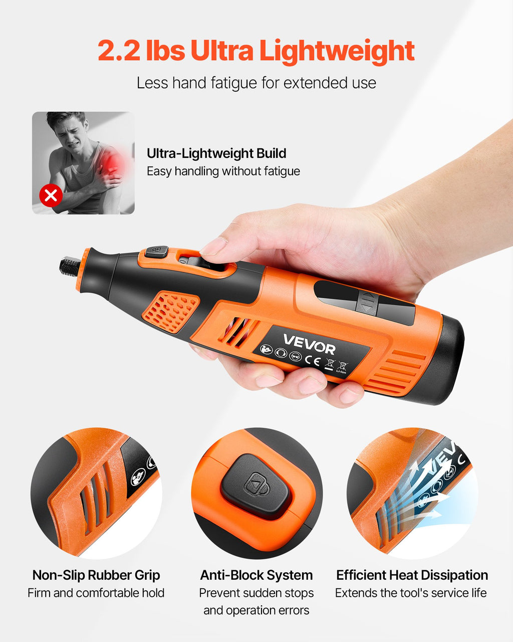 Lightweight rotary tool held in one hand to show the rubber grip