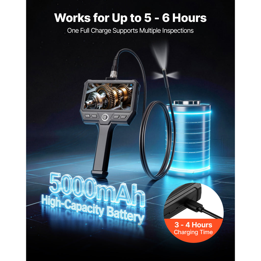 VEVOR triple-lens borescope 5000mAh battery for extended inspection sessions