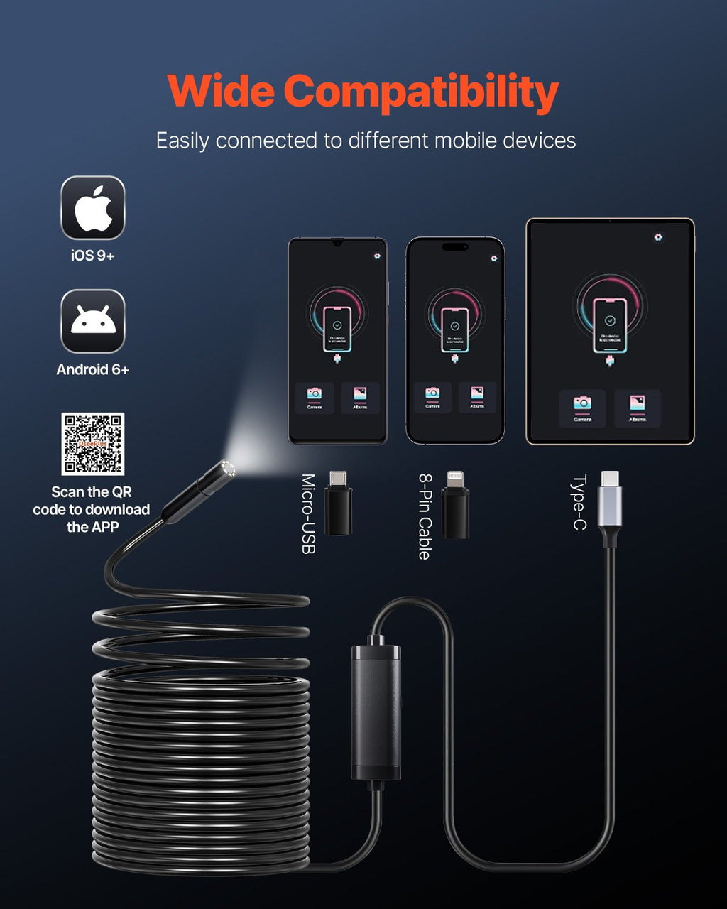 VEVOR 49.2-foot borescope 4.3-inch IPS screen with IP67 rating and rechargeable battery