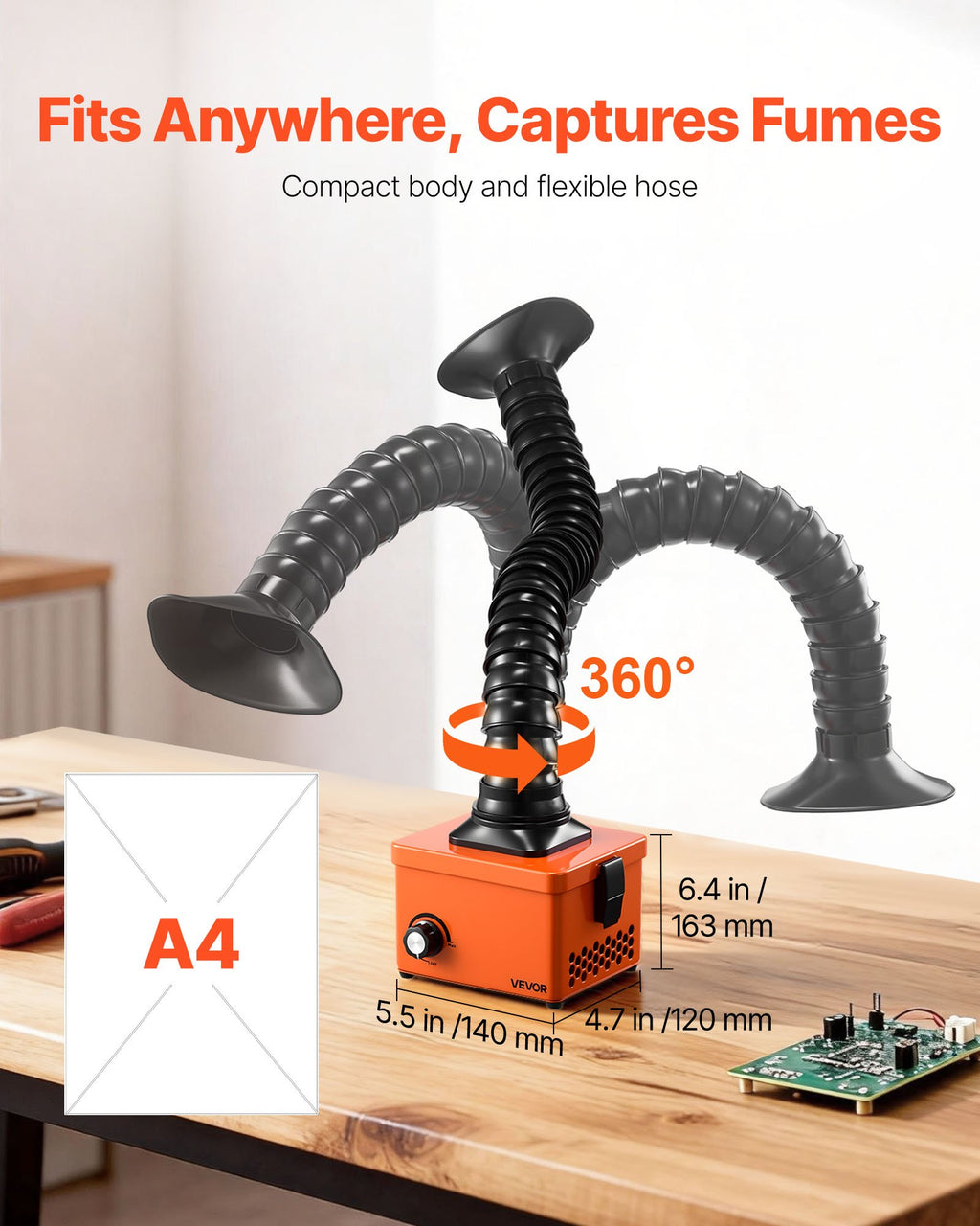 Flexible 360-degree hose arm positioned over a circuit board
