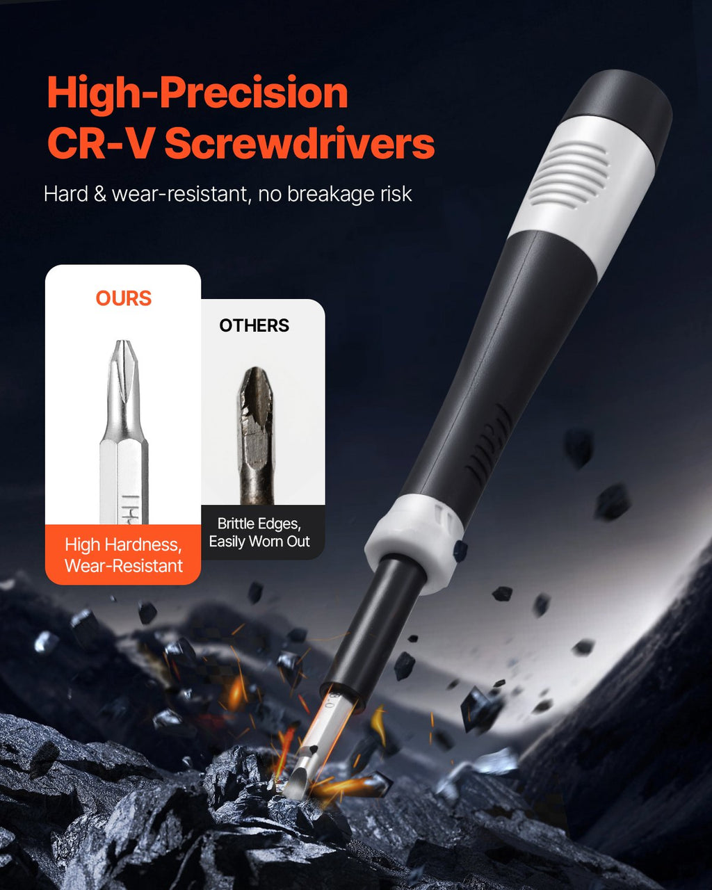 Close view of a hardened CR-V VEVOR 59-piece screwdriver set bit and driver handle