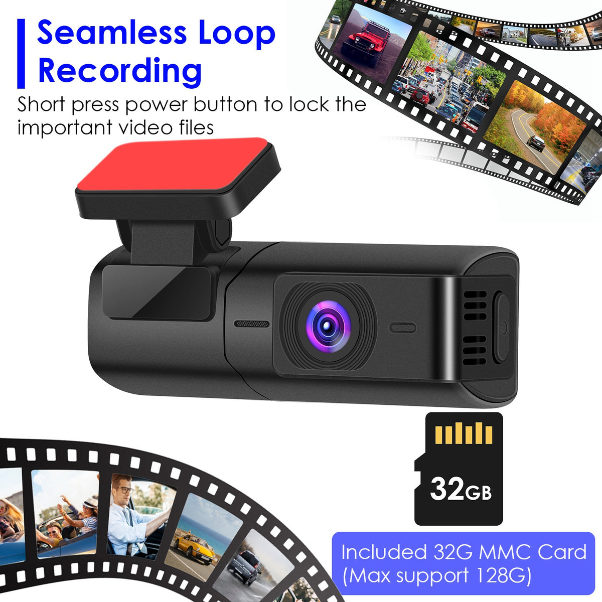 RoadWatch 2K seamless loop recording with file locking, 32 GB card included