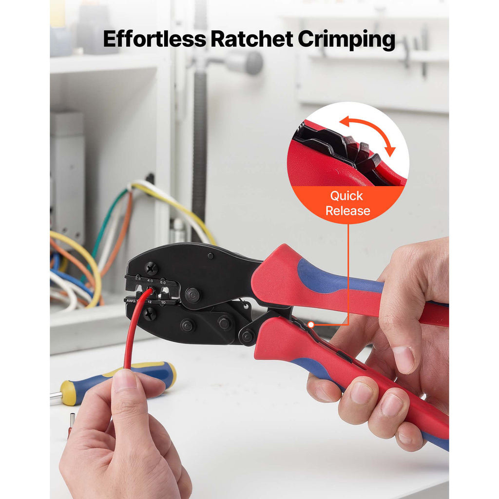 VEVOR solar crimping kit ratcheting crimp tool being used on a solar cable