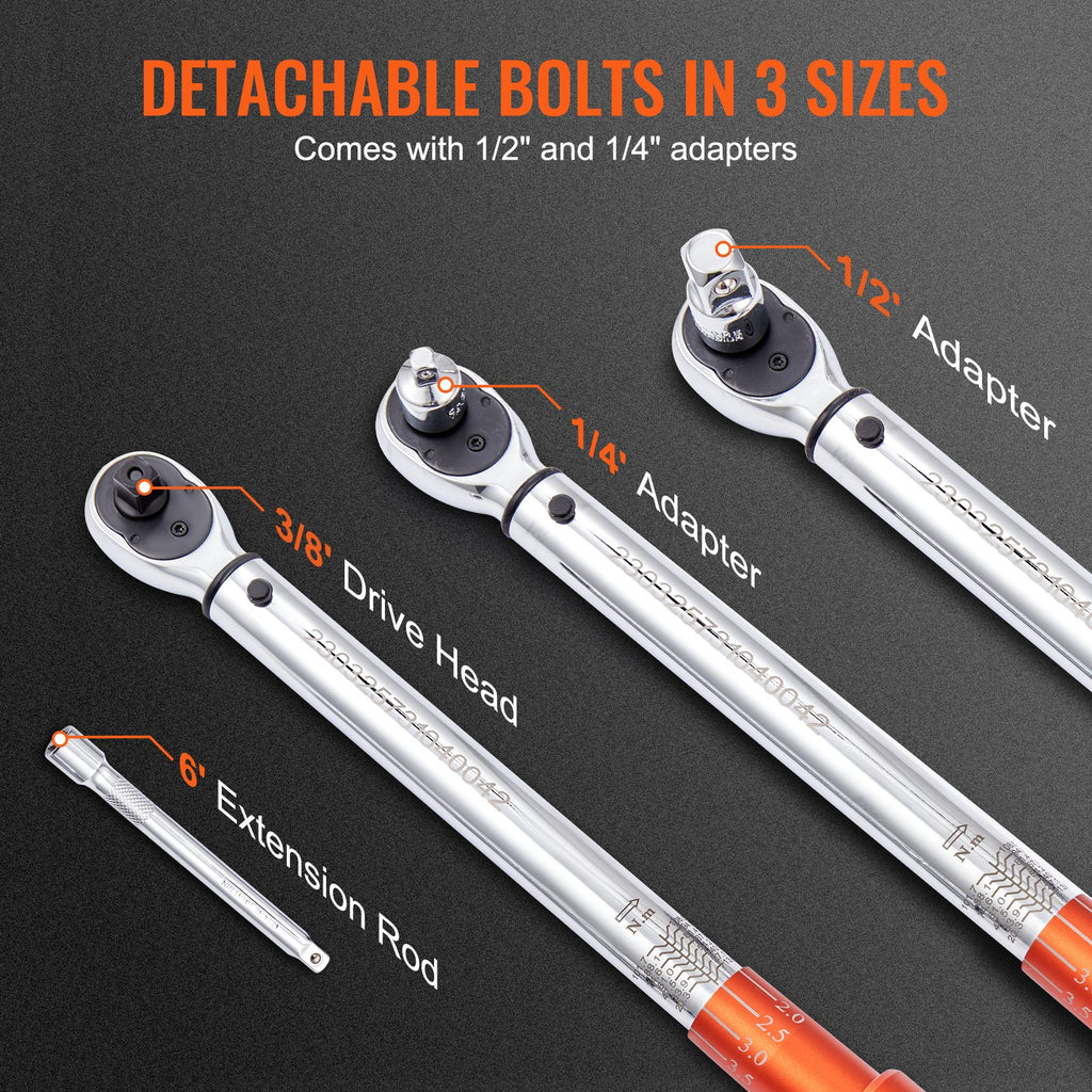 VEVOR 3/8-inch torque wrench with detachable 1/2-inch and 1/4-inch adapters and extension rod